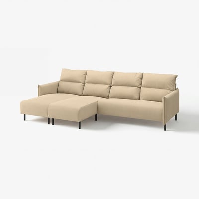 The MANNARP sofa is a beige, modern l-shaped sectional with plush cushions and black metal legs.