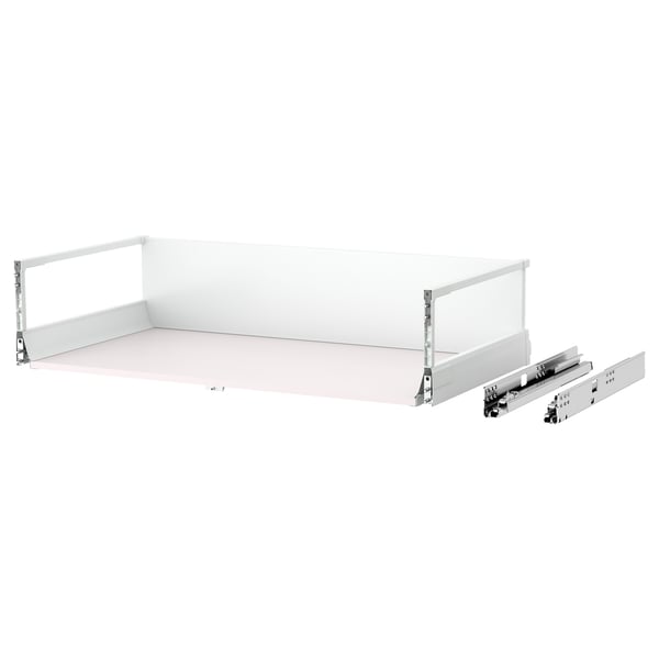 MAXIMERA white drawer system with extendable rail, powder-coated steel, melamine interior, quiet-closing dampers.