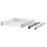 MAXIMERA drawer system shown, white, full extension, steel runners, organised interior.