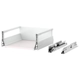 Maximise white drawers with silver runners, fully extended, displaying a minimalist design.