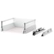 Maximise white drawers with silver runners, fully extended, displaying a minimalist design.