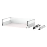 MAXIMERA white drawer system, with steel runners, epoxy-coated steel parts, and wooden bottom. Self-closing mechanism.