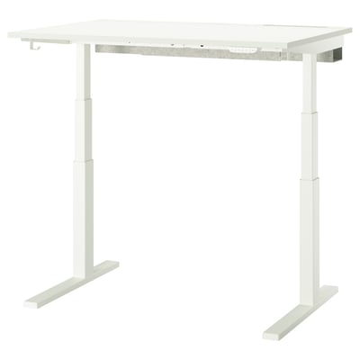 MITTZON, a white, rectangular, height-adjustable sit/stand desk with sturdy metal legs.