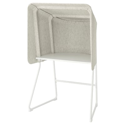 MITTZON privacy booth in light grey with sound-insulating felt, white metal legs, rectangular top, and functional hooks. Perfect for focused work.