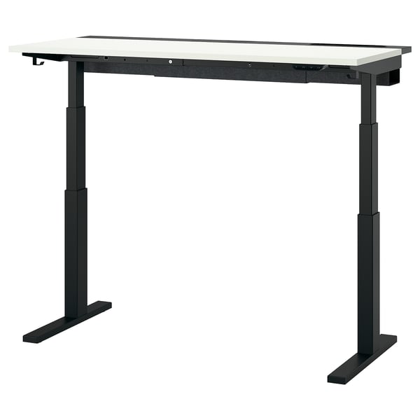 MITTZON adjustable desk with white top and black legs. Modern, rectangular, sleek design.