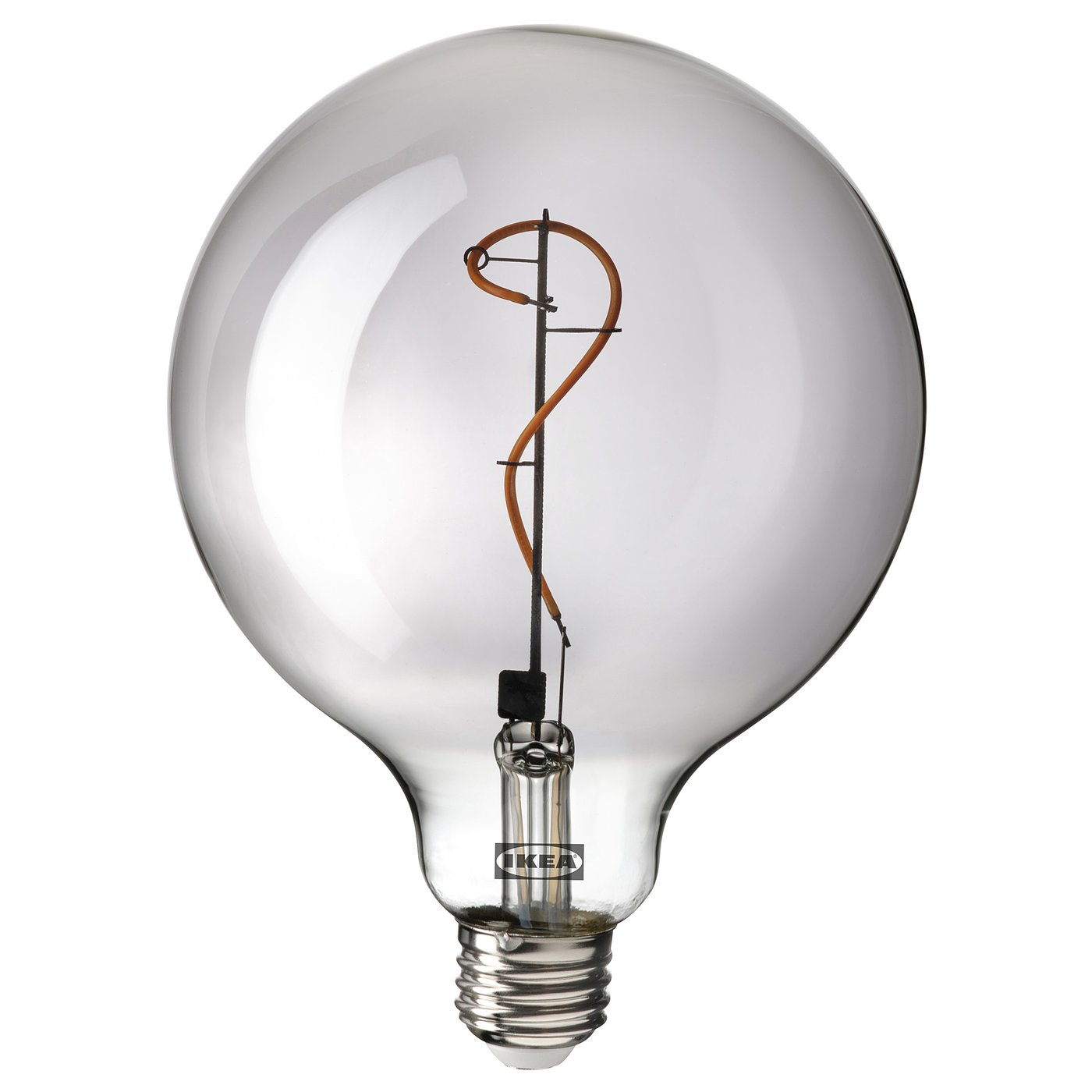 Ikea MOLNART light bulb, spherical shape, smoke-colored glass, spiral filament, warm light, e26 base.