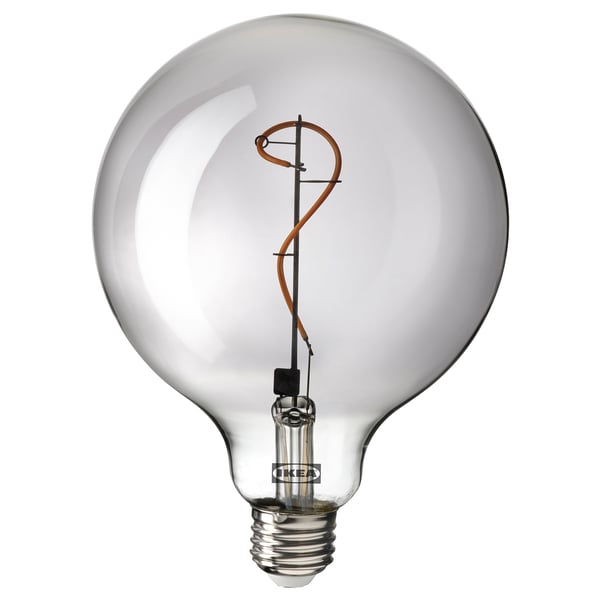 Ikea MOLNART light bulb, spherical shape, smoke-colored glass, spiral filament, warm light, e26 base.