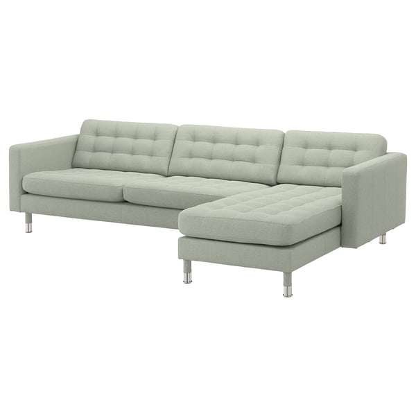 MORABO sofa, light grey, modern l-shape with tufted seats, chrome legs.