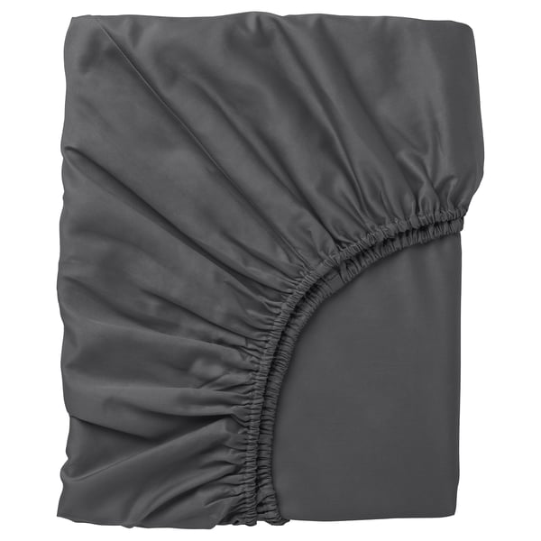 A grey NATTJASMIN fitted sheet made from sateen-woven cotton and lyocell. It has elastic edges, designed to fit mattresses up to 37 cm deep.