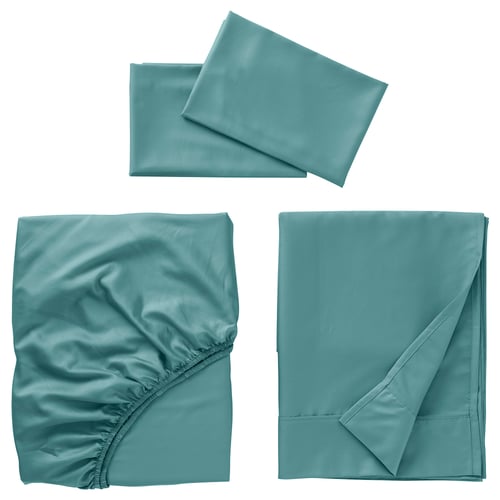 Three blue-green bed sheets displayed: top flat, one folded, one ruffled, smooth texture.