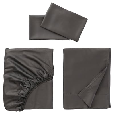 Natjasmin bed set in grey sateen, includes flat, fitted sheets, and pillowcases with fold.