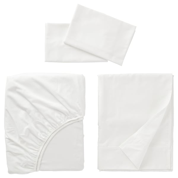 White NATTJASMIN bed set: silky, sateen-woven, 3 pieces - 2 pillowcases, 1 fitted sheet. Elegant, soft, cotton/lyocell.