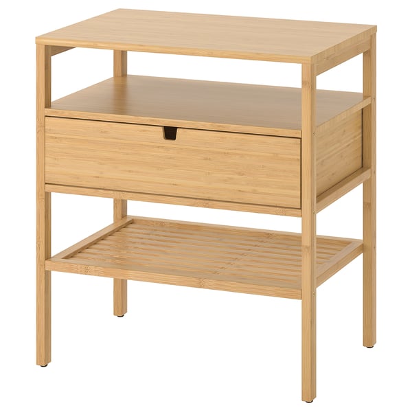 NORDKISA bamboo bedside table. Light brown, rectangular, with one drawer and bottom shelf.