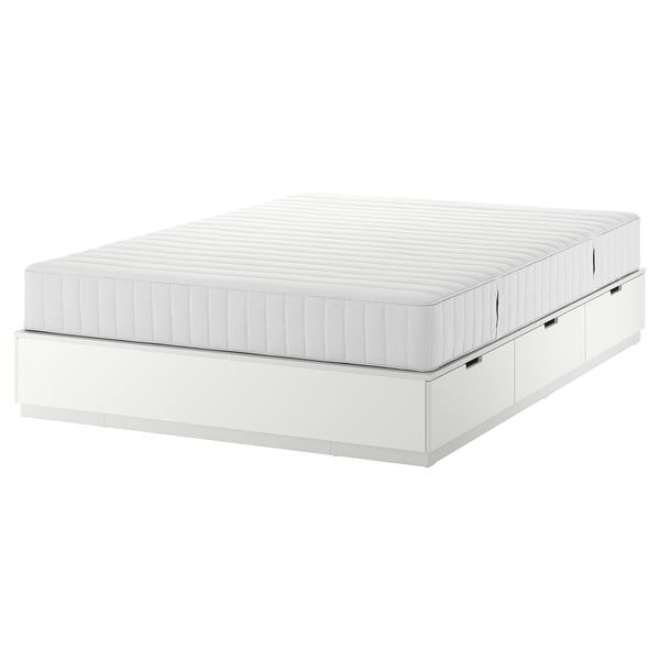 White NORDLI bed frame with 6 drawers, offering storage and support.
