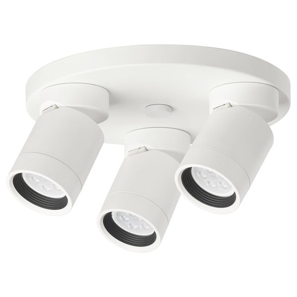 NYMÅNE, a white ceiling light fixture with four adjustable spotlights. Sleek, modern design in white. Aluminium and steel construction.