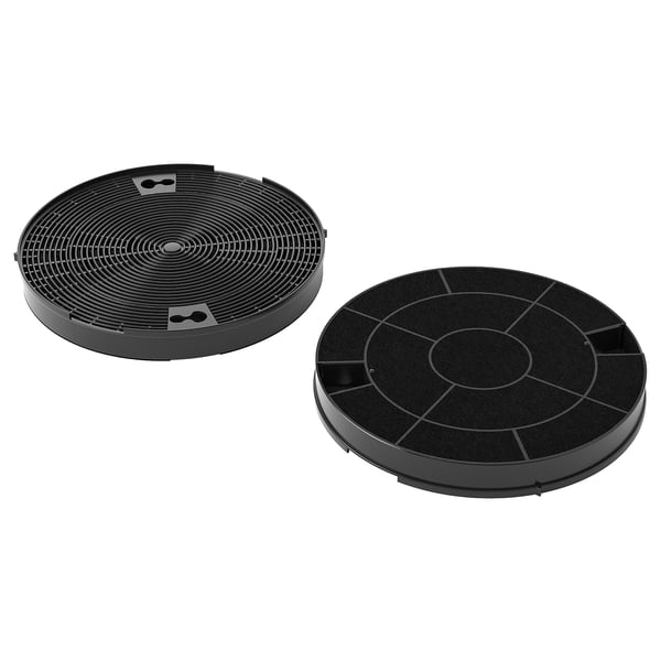 Two black circular kitchen philtres side-by-side, one with concentric rings, the other divided into sections.