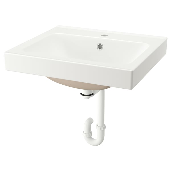 White ORRSJÖN ceramic basin, rectangular, clean lines, single tap hole, wall-mounted.