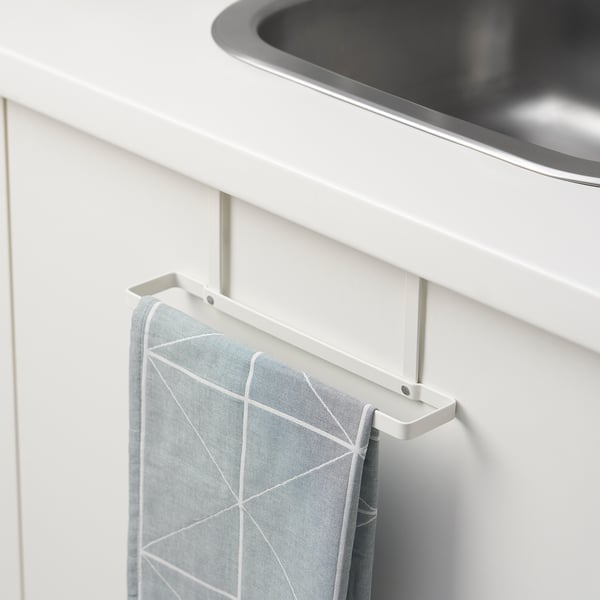 White towel rack holds blue towel & grey cloth, PÅLYCKE series.
