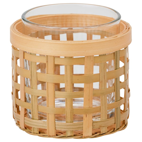 PÅVEFINK candleholder, bamboo and glass, cylindrical shape, intricate weave design, natural colour.