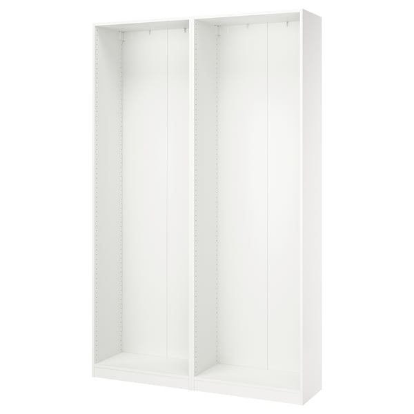 A white PAX wardrobe frame. Its rectangular, with adjustable feet, and designed for wall mounting.