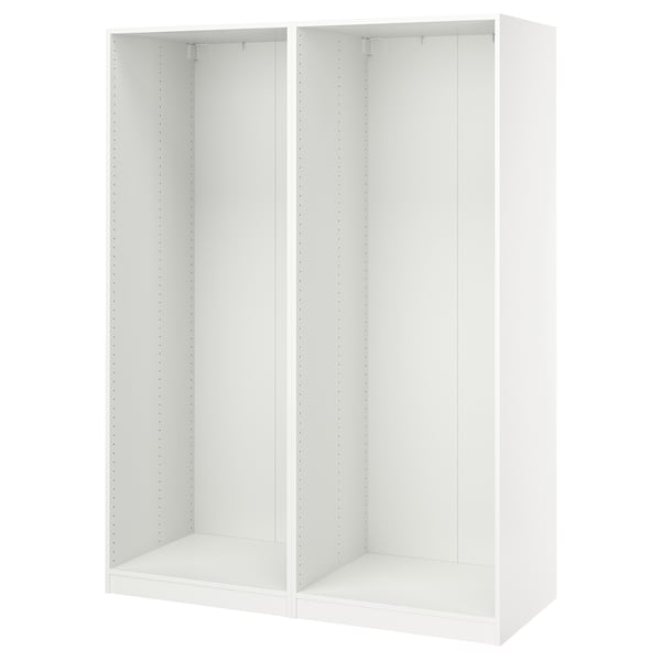 This image shows an ikea PAX wardrobe frame in white, rectangular, with adjustable feet, and no door.