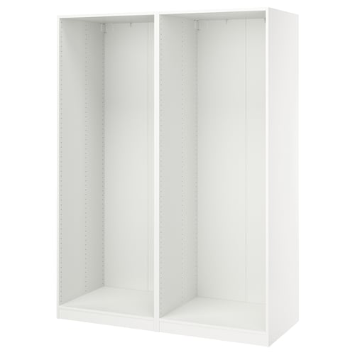 This image shows an ikea PAX wardrobe frame in white, rectangular, with adjustable feet, and no door.