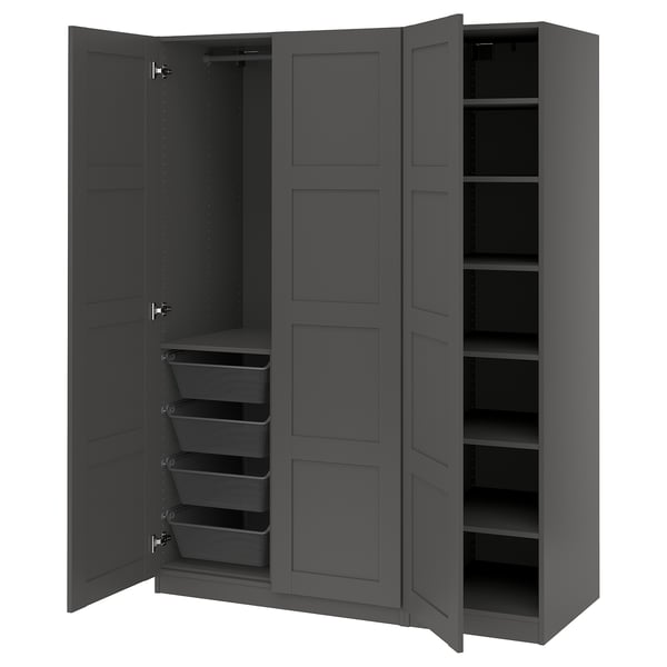 A dark grey PAX wardrobe with mesh baskets and shelves. It two doors and a hanging rail.