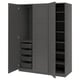 A dark grey PAX wardrobe with mesh baskets and shelves. It two doors and a hanging rail.