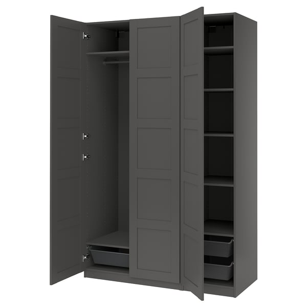 Dark grey PAX wardrobe with open doors revealing shelves and hanging rod. Modern design with flat panels and metallic mesh basket.
