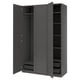 Dark grey PAX wardrobe with open doors revealing shelves and hanging rod. Modern design with flat panels and metallic mesh basket.