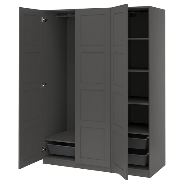 Grey PAX wardrobe, open doors revealing shelves and baskets.