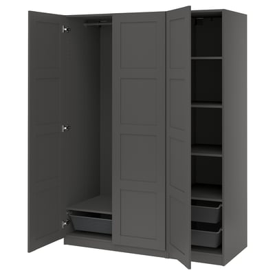 Grey PAX wardrobe, open doors revealing shelves and baskets.