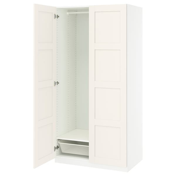 White PAX wardrobe with one door open, showing interior mesh basket and shelf.