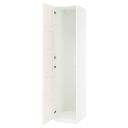 White PAX wardrobe, tall and narrow, two doors, soft-closing hinges.