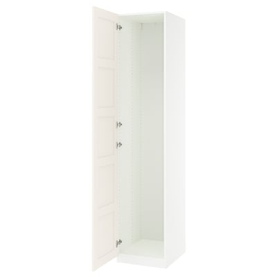 White PAX wardrobe, tall and narrow, two doors, soft-closing hinges.