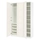 White PAX closet system: 3 doors, shelves, mesh baskets, metal/plywood.