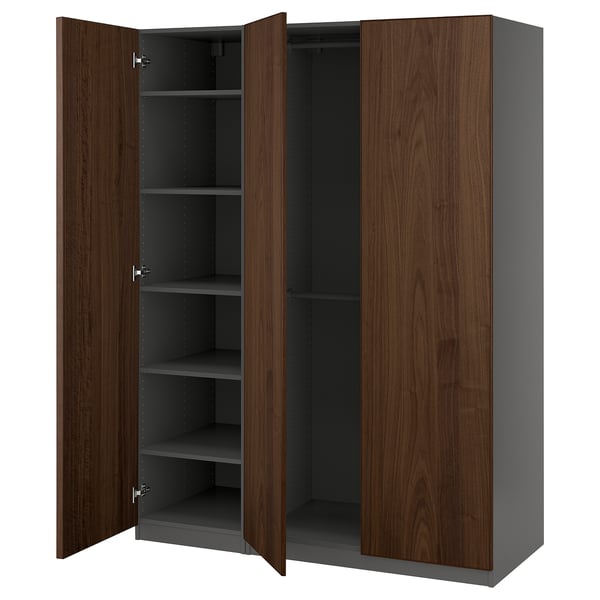 Ikea PAX wardrobe, brown, wooden, tall, four shelves, doors open.