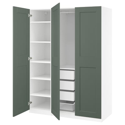 Teal PAX wardrobe with open doors, shelves, and drawers.