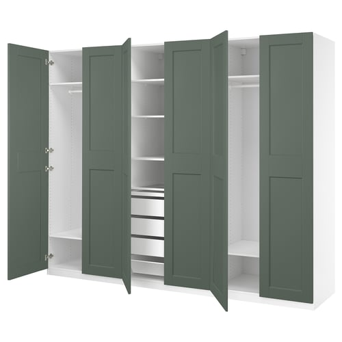 Teal PAX wardrobe with adjustable shelves, compartments, wall-mounted, soft-closing hinges, modern design.