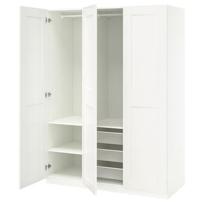 White PAX wardrobe with open door, shelves, and mesh drawer.