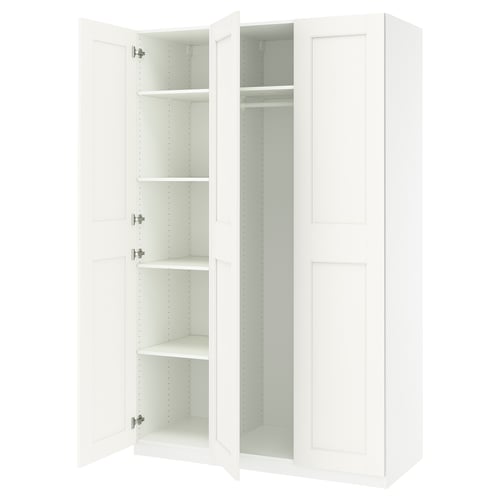 White PAX wardrobe: tall, rectangular, with two open sections revealing adjustable shelves and a hanging rod.