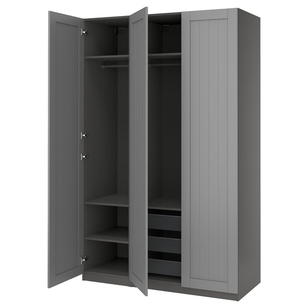 Grey, tall, wall-mounted closet with open doors revealing shelves and hanging rod. Modern design with clean lines.