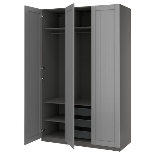 Grey, tall, wall-mounted closet with open doors revealing shelves and hanging rod. Modern design with clean lines.