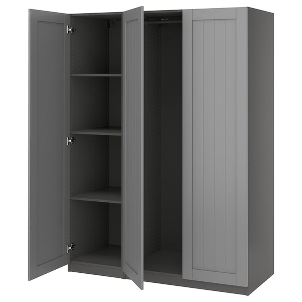 PAX wardrobe, grey, rectangular, hollow core with shelves, modern design.