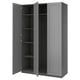 An open grey PAX wardrobe with shelves and a hanging rod. It has a sleek, modern design with soft-close hinges.