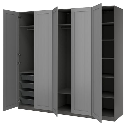 Grey PAX wardrobe with open doors, shelves, drawers, and hanging space.