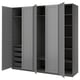 Grey PAX wardrobe with open doors, shelves, drawers, and hanging space.
