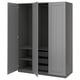 Grey PAX wardrobe, open showing shelves and drawers, modern design, steel, particleboard.
