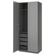 A grey PAX wardrobe with open doors, showcasing shelves and drawers.