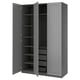A grey PAX wardrobe with open doors, revealing adjustable shelves and a hanging rod. Its made of particleboard and fiberboard with a modern design.